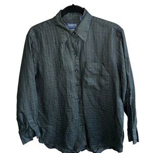 Liz Claiborne Vintage Black Irish Linen Semi Checkered Sheer Button Front Shirt